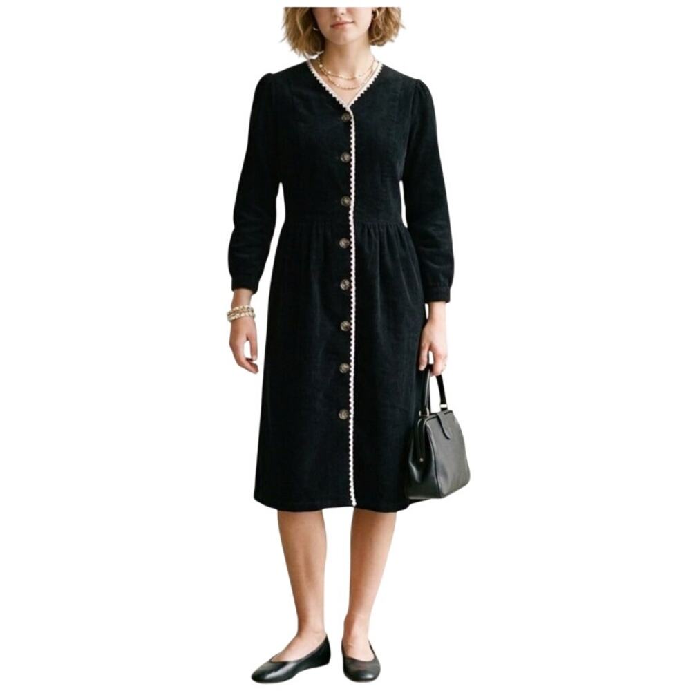 JINCHAN Crochet Trim Button Front Black Corduroy Midi Dress SZ 8